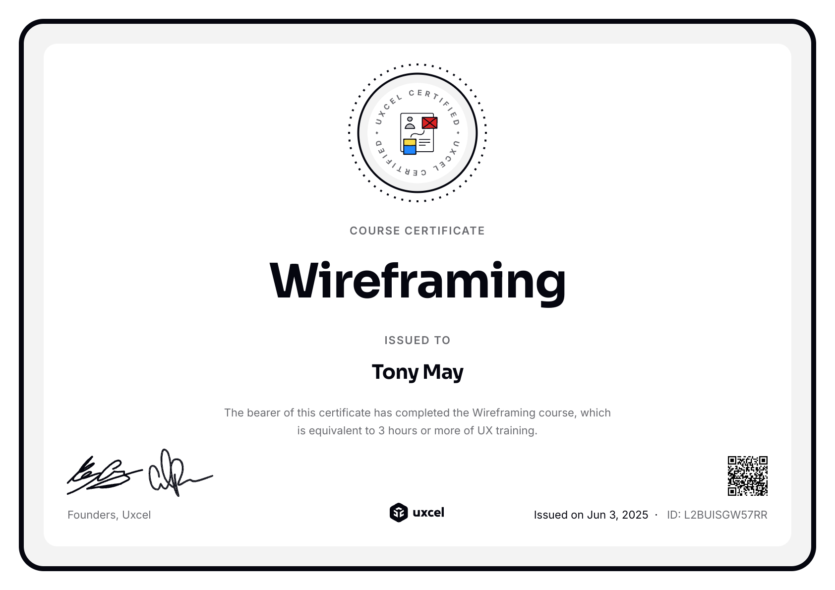 Tony May's certificate